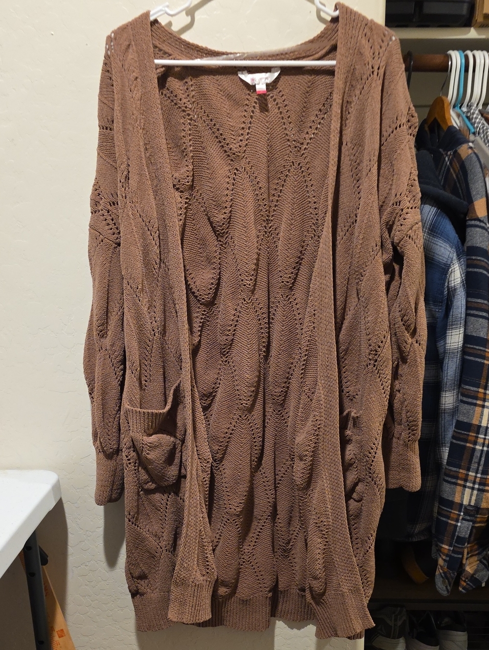 No Boundaries Brown Open-Front Knit Cardigan with Pockets